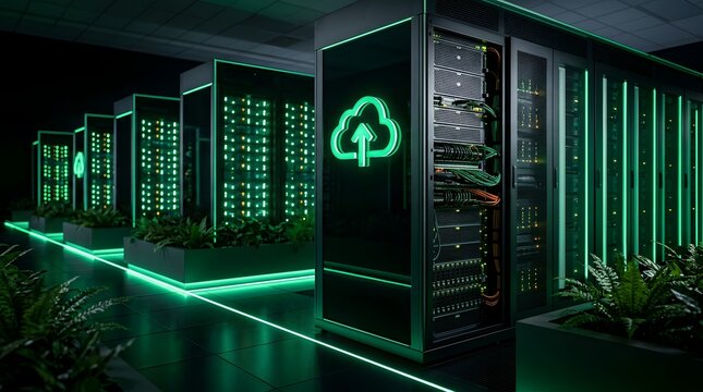 Green sustainable data center interior featuring server racks integrated with indoor plants and glowing cloud network icon