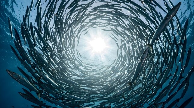 School of barracuda fish swimming in a circular vortex underwater