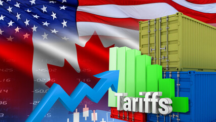 Naklejka premium American and Canadian flags, shipping containers, and financial charts illustrate American and Canadian tariffs, trade policy, economic relations, and increased tax sanctions.