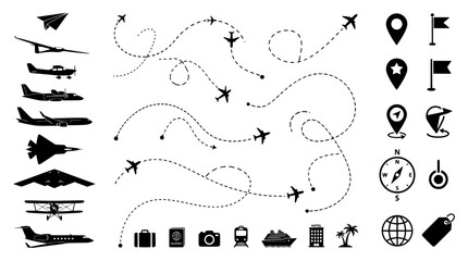 Aviation travel icons and airplane flight path set, black silhouette aircraft vectors, dashed line plane routes for vacation planning and logistics © Khursheed