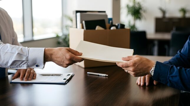 Corporate layoff exit interview showing human resources passing severance document folder with packed employee box on desk