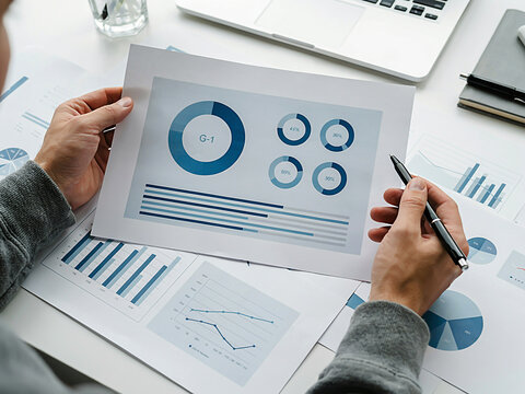 Business person reviewing financial charts and marketing data on office desk