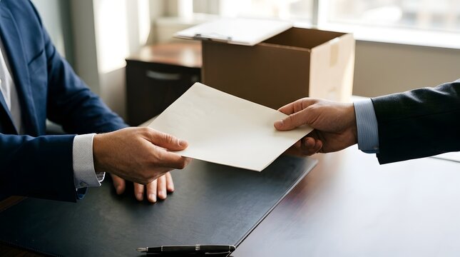 Business executive handing over confidential document folder during corporate transition meeting with cardboard box on desk
