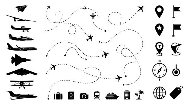 Aviation travel icons and airplane flight path set, black silhouette aircraft vectors, dashed line plane routes for vacation planning and logistics