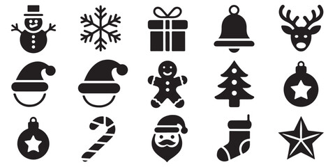 Collection of festive christmas winter icons including snowman snowflake gift bell reindeer santa hat gingerbread man tree ornament stocking. © Md Nurujjaman221