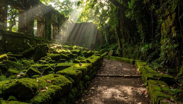 Ancient overgrown ruins bathed in ethereal sunbeams filtering through dense jungle canopy.