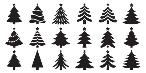 Fototapeta premium Set of 15 christmas tree silhouettes in various styles, vector illustration of evergreen pine trees with star on top.