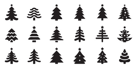 Obraz premium Set of 15 christmas tree silhouettes in various styles, vector illustration of evergreen pine trees with star on top.