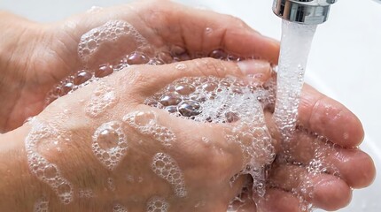 Fototapeta premium Person washing hands with soap under running water.