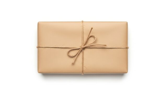 Brown paper package tied with natural twine string on light surface