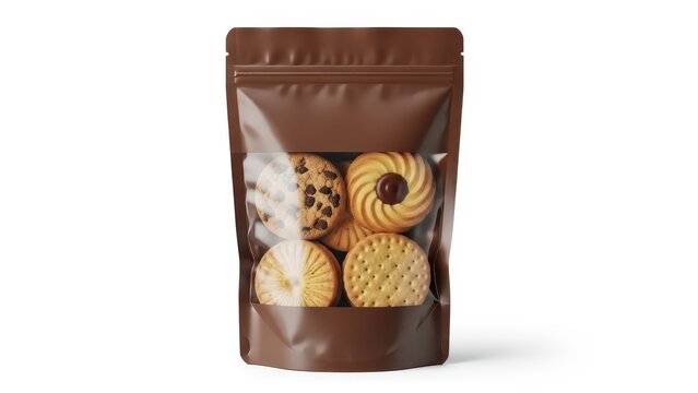 Variety of cookies in resealable brown bag on table