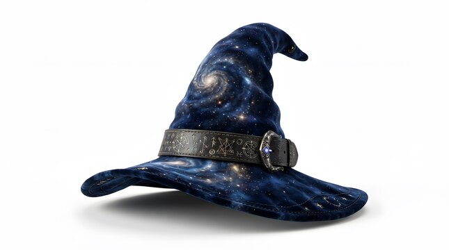 Cosmic wizard hat with galaxy pattern and leather belt isolated on white background