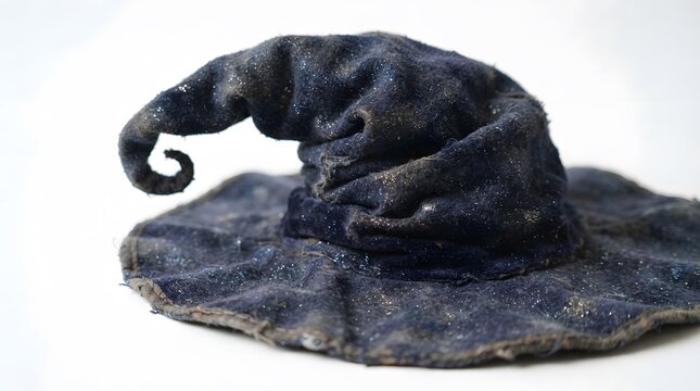 Worn blue velvet witch hat with glitter isolated on white background