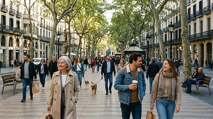 Obraz premium Pedestrians walking on sunny urban boulevard with trees.