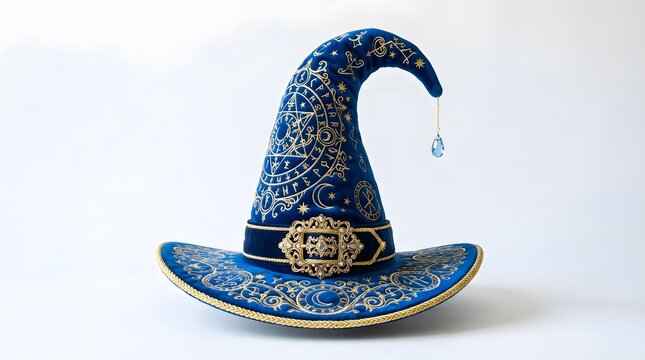 An ornate blue velvet wizard hat with gold embroidery and a hanging crystal isolated on white background