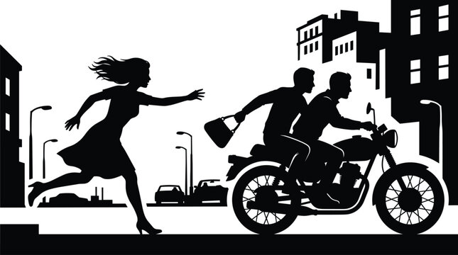 Dramatic street crime vector silhouette scene showing woman chasing purse snatchers escaping on driving urban motorcycle getaway