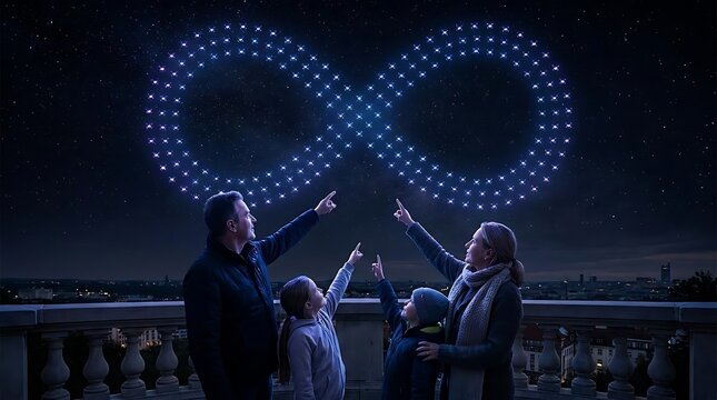 Family watching drone light show forming infinity symbol.