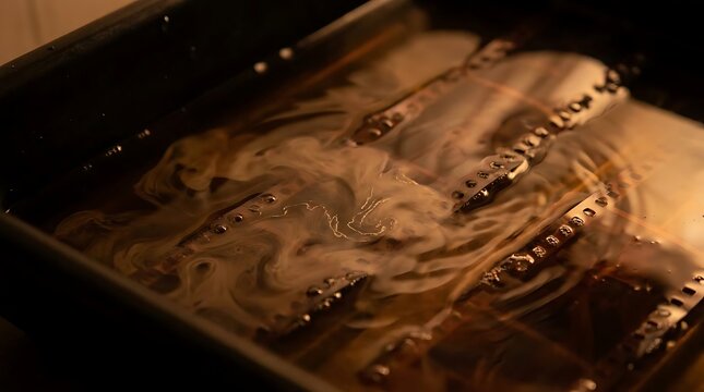 Film strips developing in chemical tray darkroom setting.
