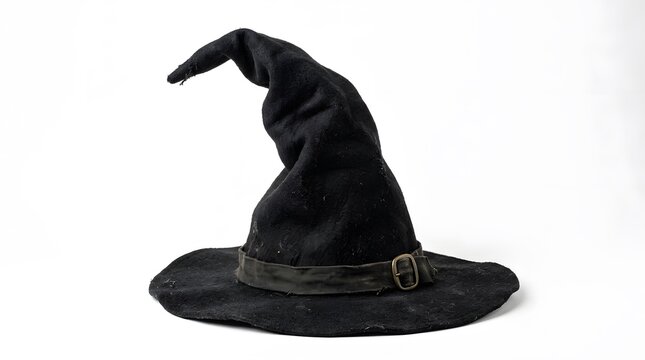 A weathered and worn black witch hat isolated on white background