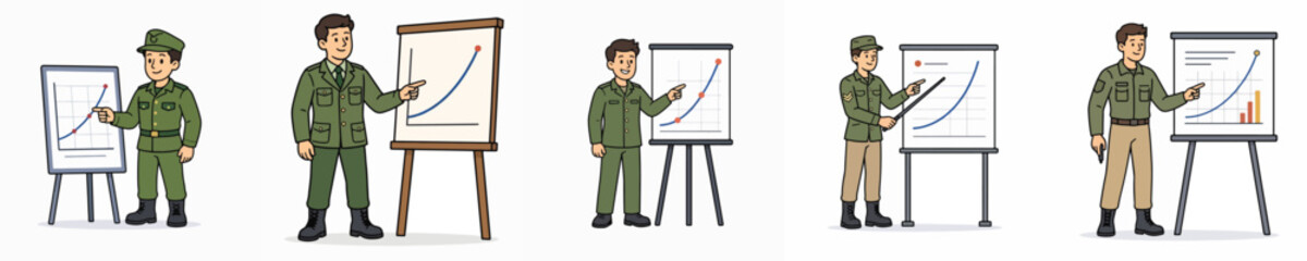 Obraz premium Set of male soldier vectors giving a presentation, arranged in a curve.
