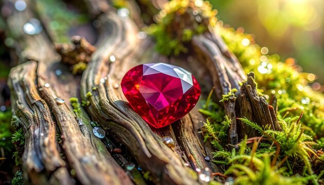 Heart-shaped ruby gemstone resting on mossy wood with water droplets.