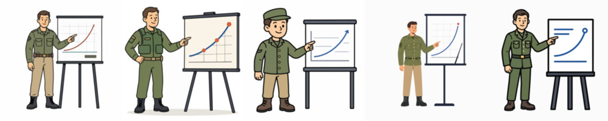Obraz premium Set of male soldier vectors giving a presentation, arranged in a curve.