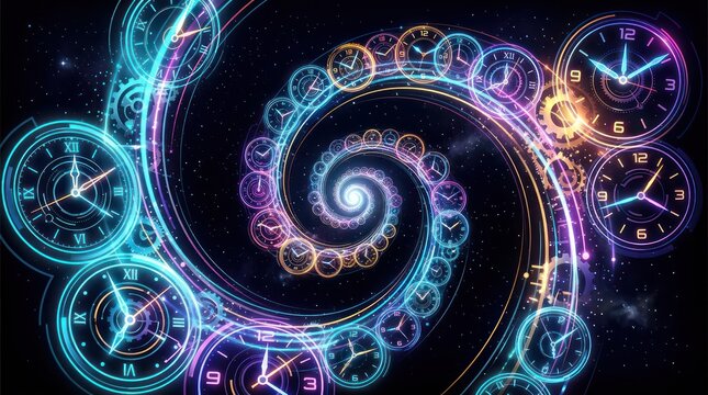 Glowing spiral tunnel with futuristic clocks in motion. Abstract time vortex showcasing digital chronology and cosmic flow.