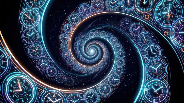 Glowing clock spiral tunnel. Abstract time travel concept with neon circular watch faces.