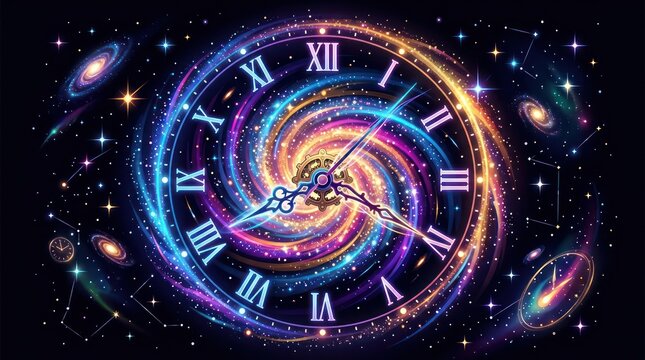 Spiral galaxy forming a clock face. Cosmic time concept with glowing stars and nebula.
