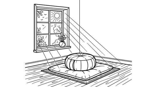 A black and white line art illustration showing sunlight streaming through a window onto a floor cushion