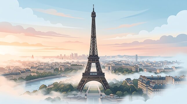 Iconic iron tower overlooking paris cityscape at sunrise
