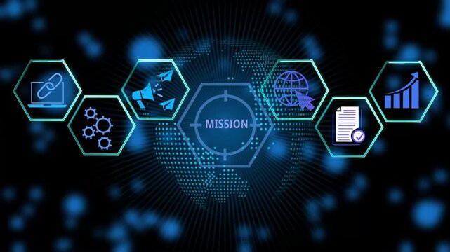 Digital corporate mission statement infographic featuring glowing hexagonal for global business strategy, strategic planning, data analytics, marketing growth, and network connectivity