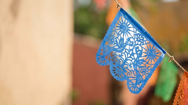 Blue papel picado flag hanging against a blurred background