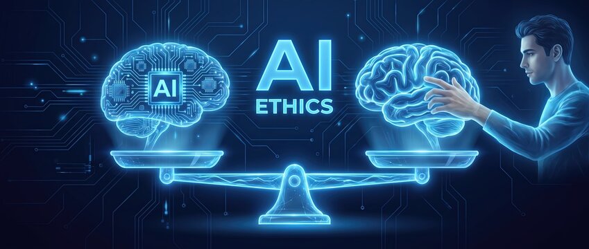 Conceptual illustration of ai ethics featuring a human figure balancing two digital brains representing the moral implications of artificial intelligence technology.