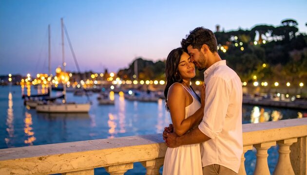 Romantic Couple Embracing by the Sea at Dusk with City Lights.