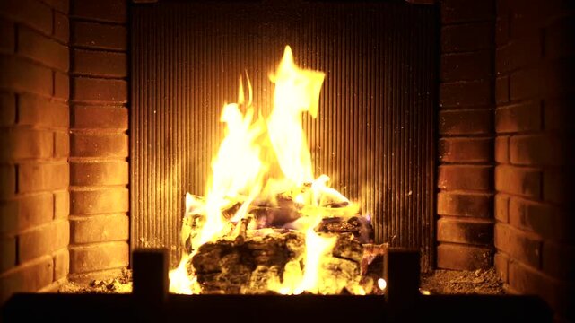 Cozy fireplace with burning logs creates warm atmosphere in brick hearth with dancing flames.