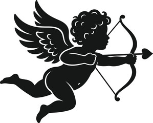 Flying Cupid silhouette vector icon featuring mythological cherub angel holding bow and heart tipped love arrow element