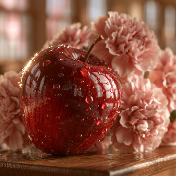 Glossy red apple with water droplets beside pink carnations and a blank cream card on wood, bathed in warm cinematic classroom light with right negative space ideal for Teacher's Day greeting designs.