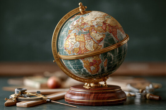 Classic globe on polished wood with brass ring, ruler, compass, and pointer against blurred chalkboard. Warm light, shallow depth, copy space for education blogs, school branding, and presentations.
