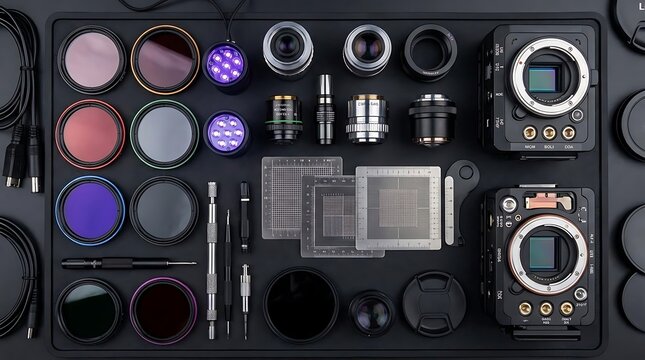 Technical flat lay of digital camera internal components.