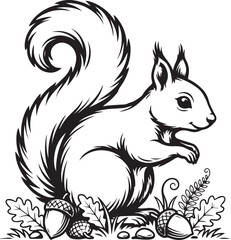 Obraz premium Squirrel Holding Acorn with Oak Leaves Hand Drawn Line Art