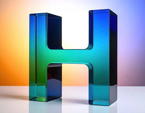 Glass iridescent letter H on colorful gradient background.