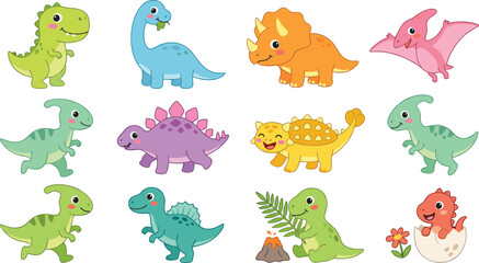 Cute Dinosaur Cartoon Vector Collection with T-Rex, Brontosaurus, Triceratops, Stegosaurus, Pterodactyl, and Baby Dinosaurs © Yevhenii creative