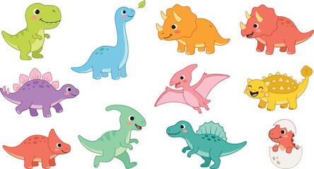 Cute Dinosaur Cartoon Vector Collection with T-Rex, Brontosaurus, Triceratops, Stegosaurus, Ankylosaurus, and Baby Dinosaurs © Yevhenii creative