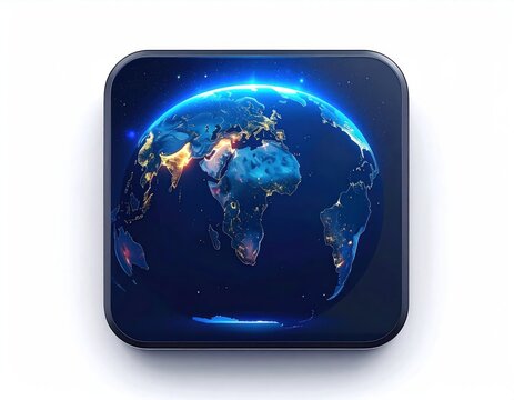 Glowing 3D Earth icon on square blue tile.