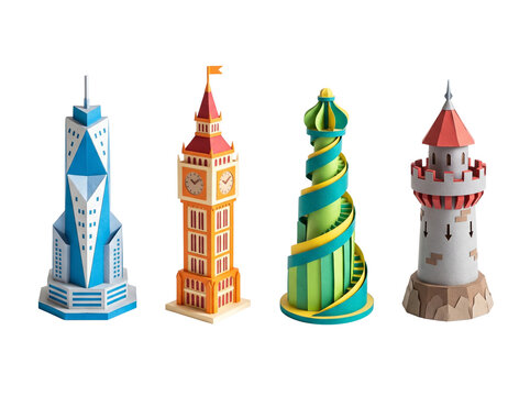 Paper craft buildings set. Isolated 3D architectural models of towers and skyscrapers.