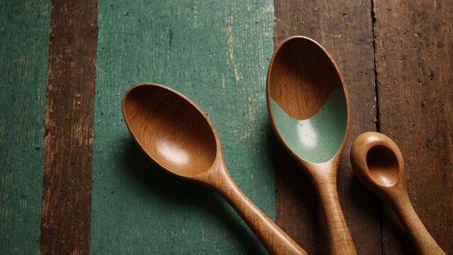 Two wooden spoons sitting on wooden table, 3d render style background - Generative AI