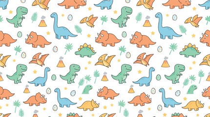 Cute dinosaur seamless pattern vector featuring Tyrannosaurus, Brontosaurus, Triceratops, Stegosaurus, Pterodactyl, volcanoes, eggs, and tropical leaves on white background © Yevhenii creative