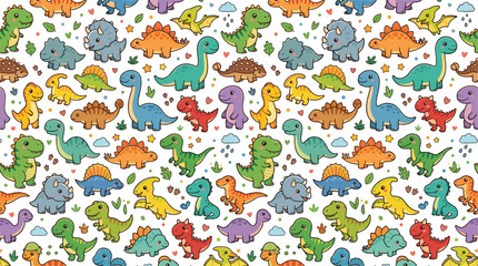 Cute dinosaur seamless pattern vector featuring colorful Tyrannosaurus, Triceratops, Stegosaurus, Brachiosaurus, Spinosaurus, playful prehistoric animals, leaves, clouds, and footprints © Yevhenii creative