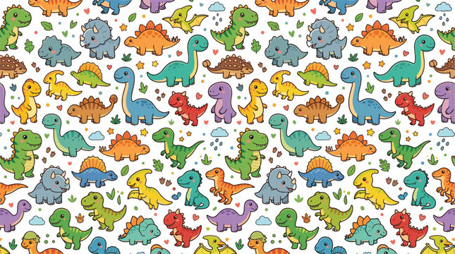Cute dinosaur seamless pattern vector featuring colorful Tyrannosaurus, Triceratops, Stegosaurus, Brachiosaurus, Spinosaurus, playful prehistoric animals, leaves, clouds, and footprints